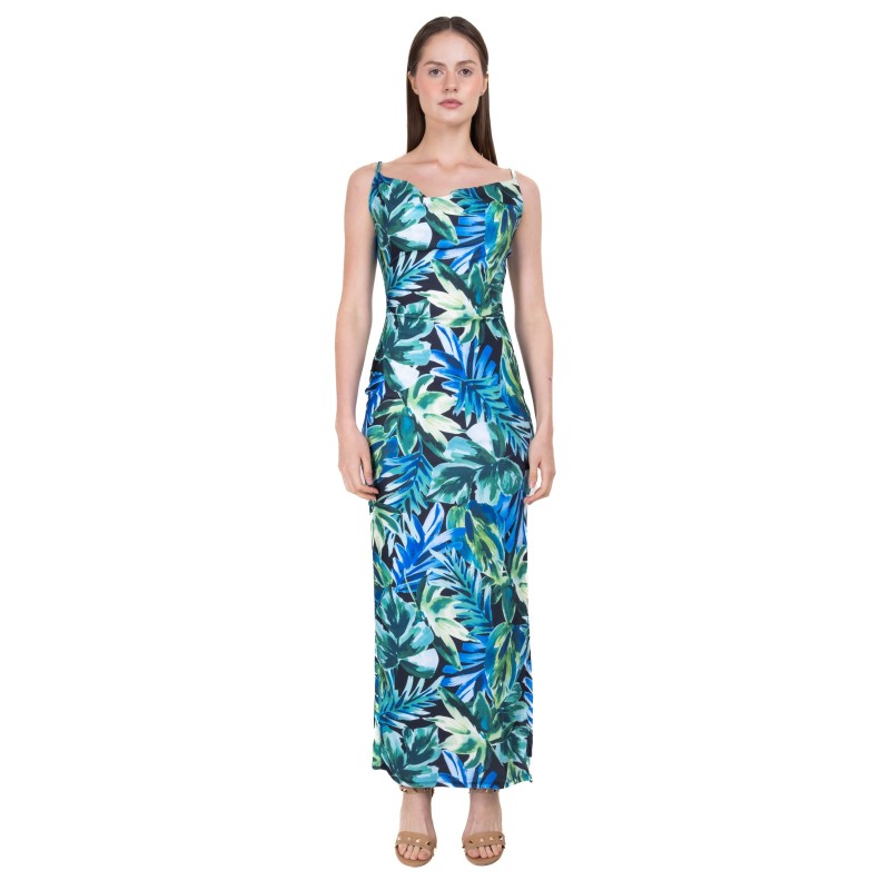 Vestido escote cascada estampado tropical