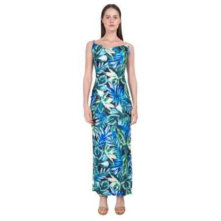 Vestido escote cascada estampado tropical